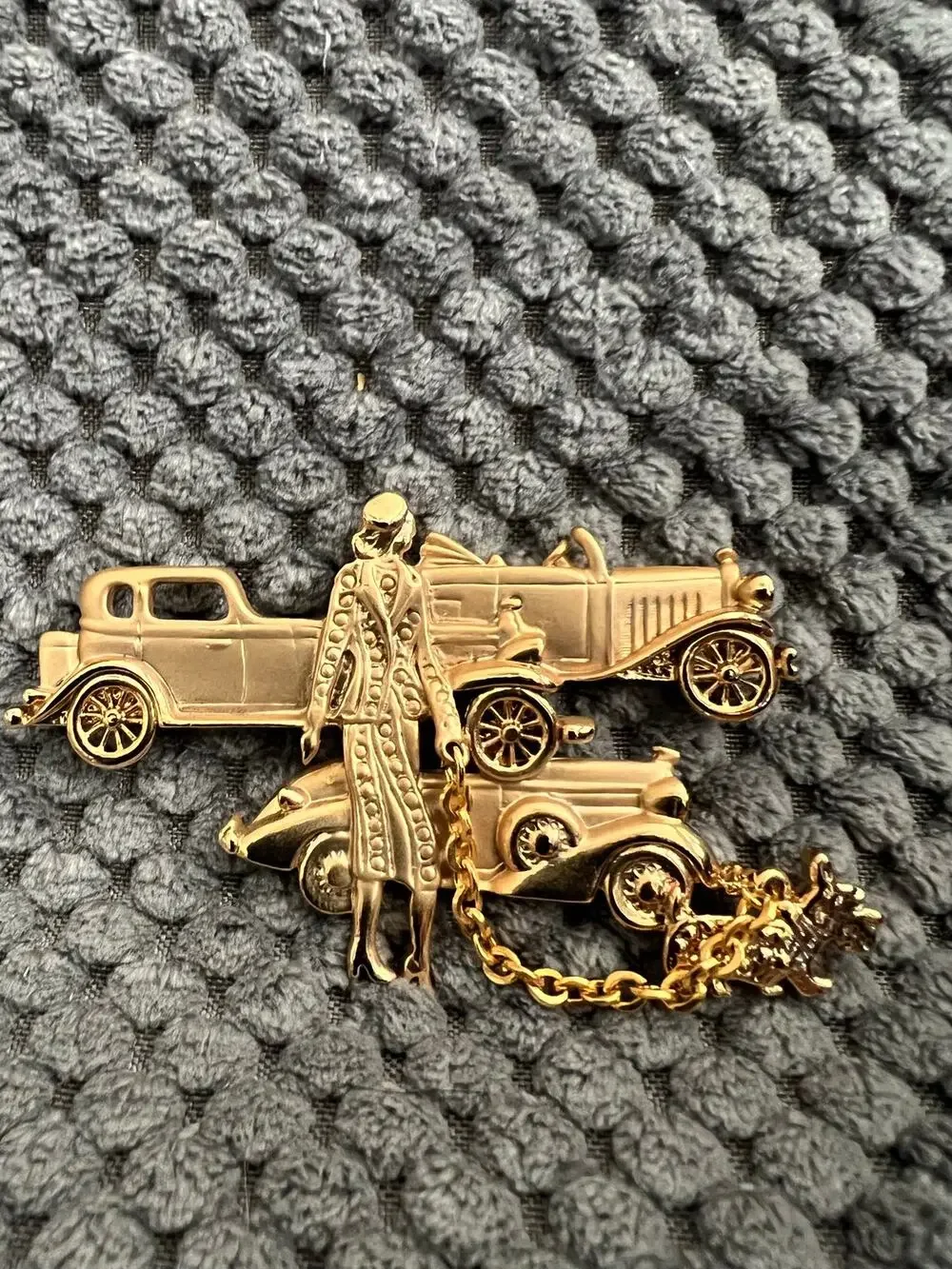 Vintage Gold Tone Flapper Girl Walking Terrier Dog with Antique Car Brooch Pin